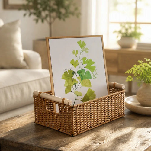 Lifestyle scene of handwoven rattan basket