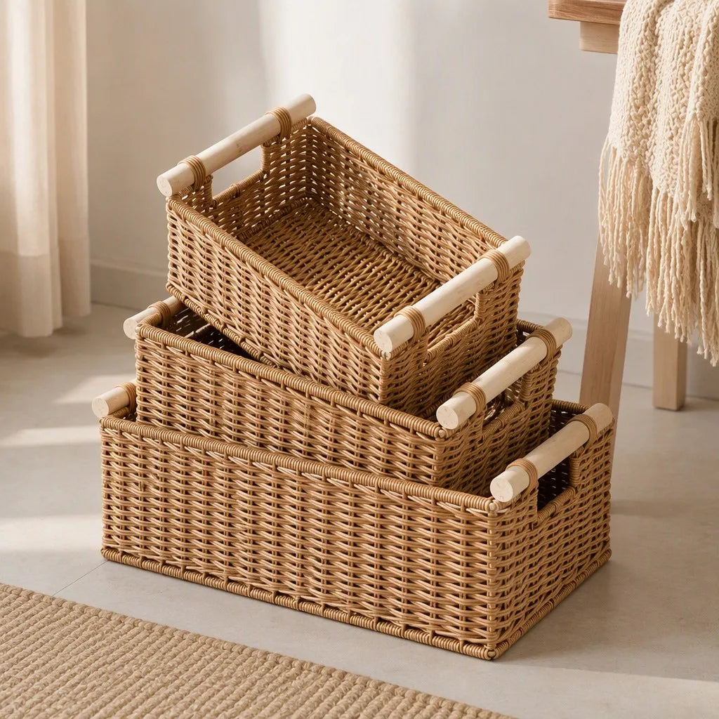 Bring Nature Home: Handwoven Rattan Storage Basket with Wooden Handles